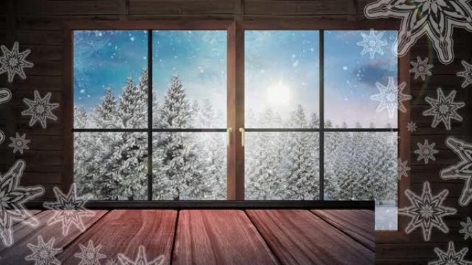木制窗框上的雪花抵御冬季景观上的积雪