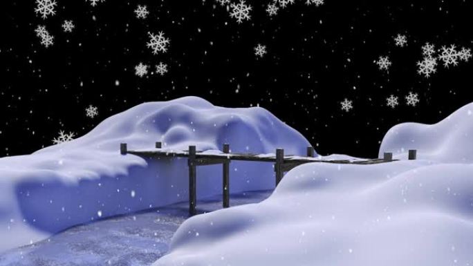 冬季景观中雪落桥与河的动画