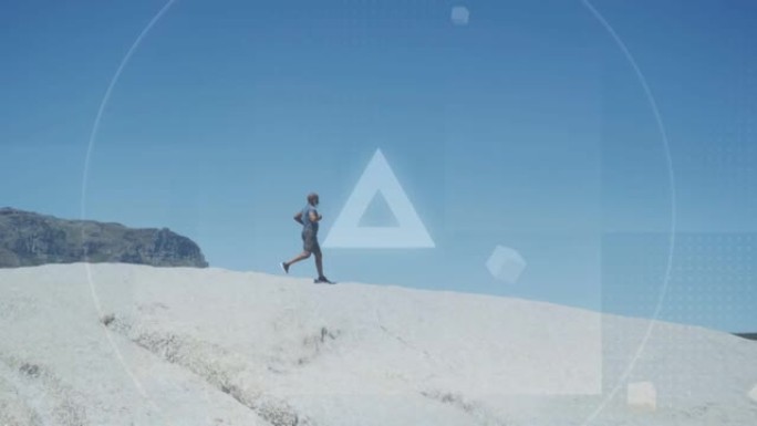 在沙丘上奔跑的非裔美国高级男子的发光圆圈和三角形动画