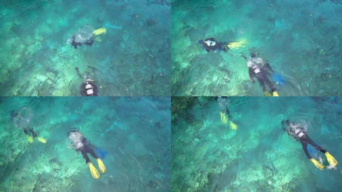 潜水员在g ö kp ı nar湖中进行水下水肺潜水