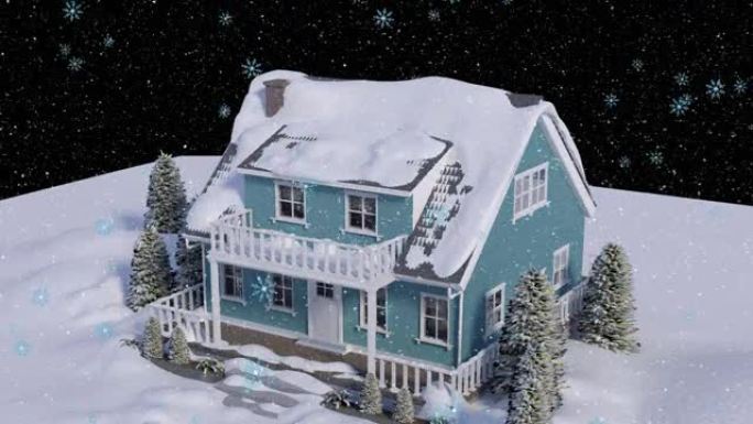 冬季景观中积雪落在房屋上的动画