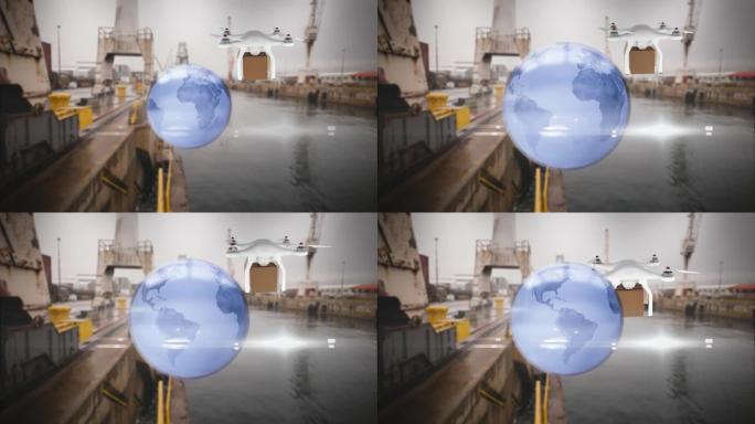 无人机上的连接网络与船厂上的包裹的动画