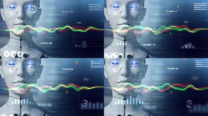 未来机器人交易，数字加密货币和证券交易所市场图表现代金融业务数据分析3D机器人，金融业务投资计算机A