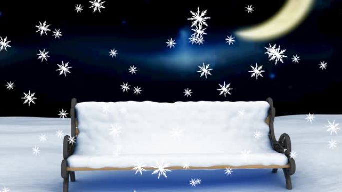 冬天风景下的雪落在长凳上的动画