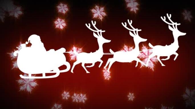雪橇上的圣诞老人被驯鹿拉着红色背景上漂浮的雪花