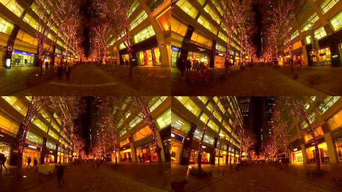 环顾圣诞灯火通明的购物街。东京丸之内。动作相机拍摄