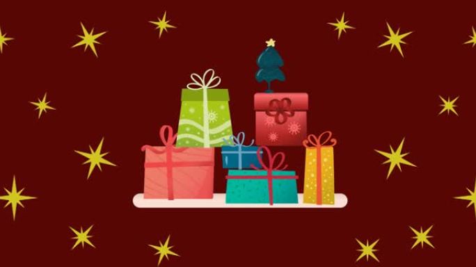 圣诞明星的动画落在棕色背景上的礼物上