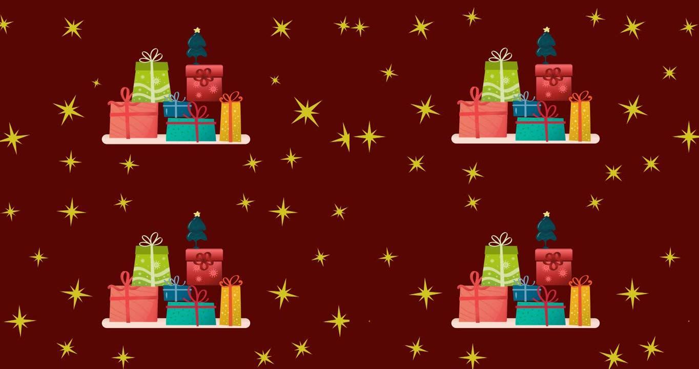 圣诞明星的动画落在棕色背景上的礼物上