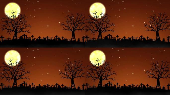 万圣节背景。万圣节山背景动画与月亮，树木和草。万圣节动画的恐怖之夜