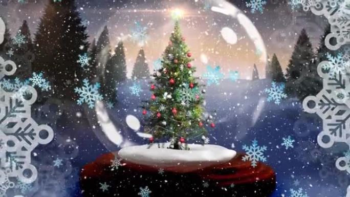 带有圣诞树和冬季景观的雪落在雪球上的动画