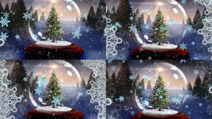 带有圣诞树和冬季景观的雪落在雪球上的动画