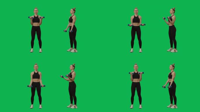 穿着运动服的年轻女子用哑铃锻炼。手部锻炼，女性健身。绿屏背景上的2合1拼贴正面和侧面视图全长。慢动作