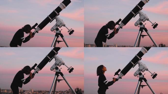 一个小女孩的剪影，星空下的望远镜。