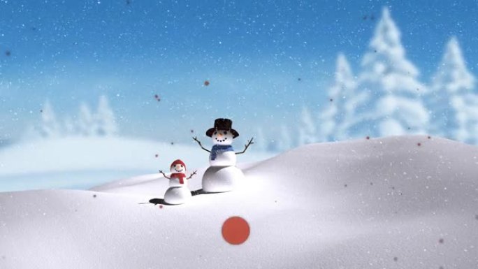 冬天风景下的雪落在微笑的父亲和孩子雪人上的动画