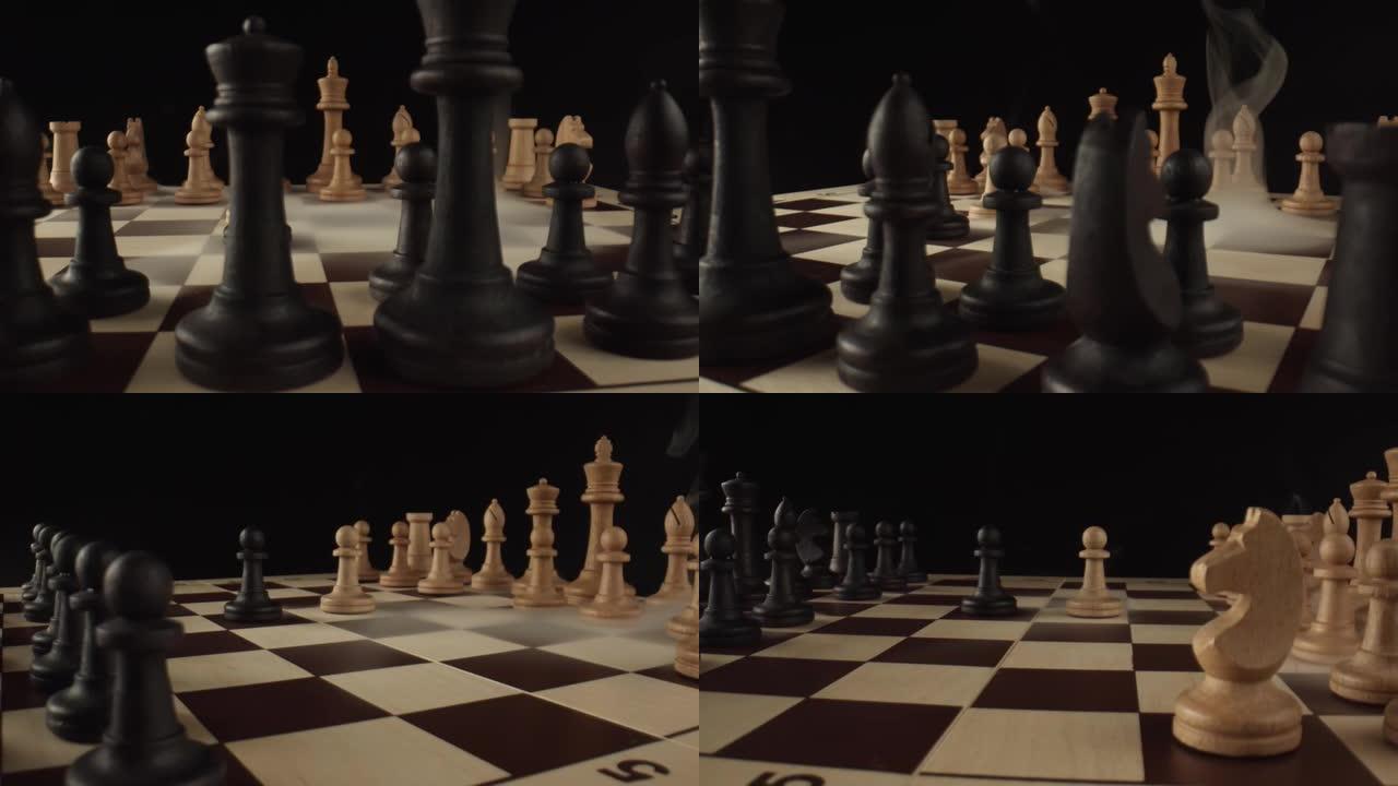 轻烟散布在木制棋盘上，在棋盘上明暗交替。传统的象棋游戏。挑战，竞争。