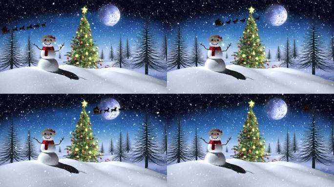 雪人，圣诞树和圣诞老人在雪橇上的动画与驯鹿在冬季景观