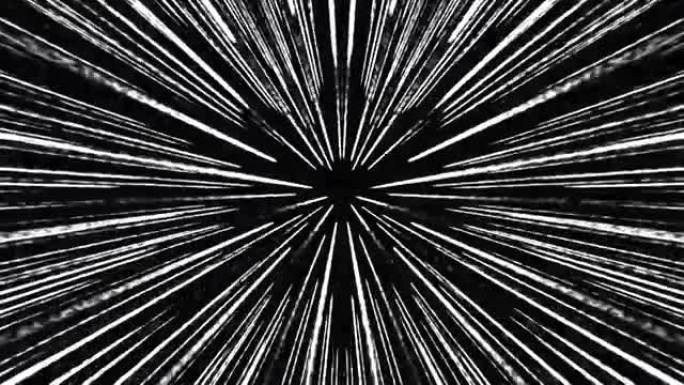 抽象漫画催眠光速线在黑色背景上移动旋转。4k动漫径向动作速度线运动效果元素背景。