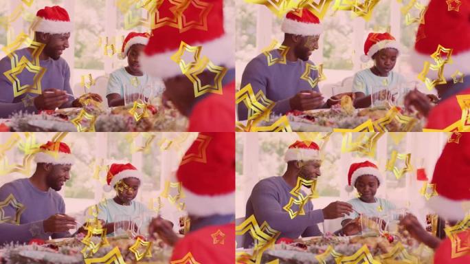 非裔美国人父亲和儿子戴着圣诞老人帽子吃圣诞大餐的明星动画