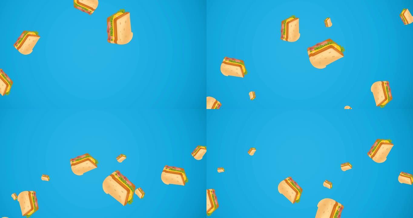 漂浮在蓝色背景上的多个奶酪三明治的动画