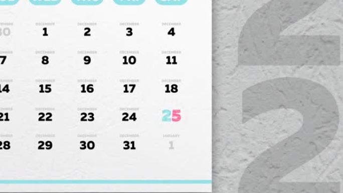 墙上日历2021的美丽12月页面上出现了一个标记圣诞节的日期，并且相机将其放大