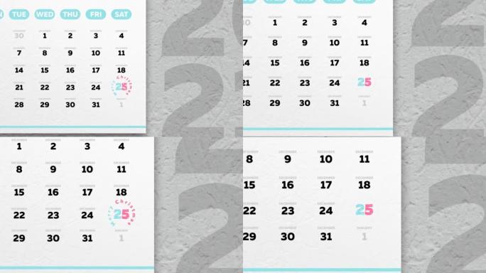 墙上日历2021的美丽12月页面上出现了一个标记圣诞节的日期，并且相机将其放大