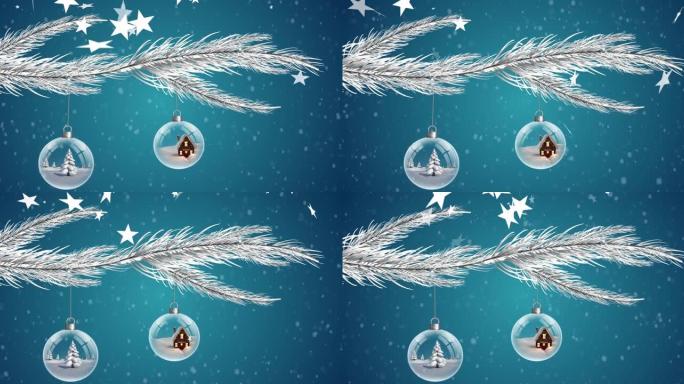 蓝色背景上带有圣诞节小玩意的星星掉落在树枝上的动画
