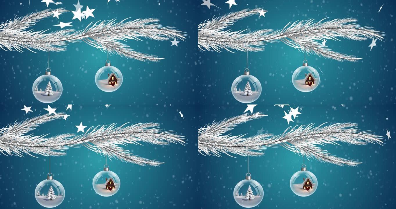 蓝色背景上带有圣诞节小玩意的星星掉落在树枝上的动画
