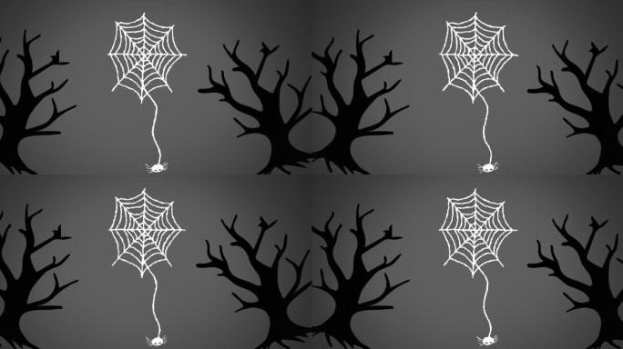 灰色背景上的蜘蛛网和树木的动画