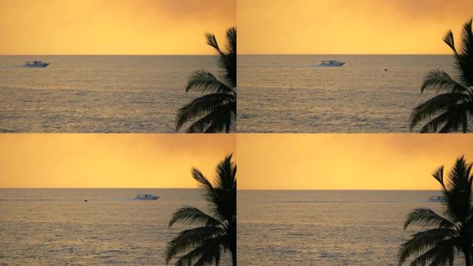 一艘小船在夕阳的余晖中从左向右移动。画面右边是棕榈树的轮廓。棕榈叶在风中摇摆。海洋被夕阳的黄光淹没