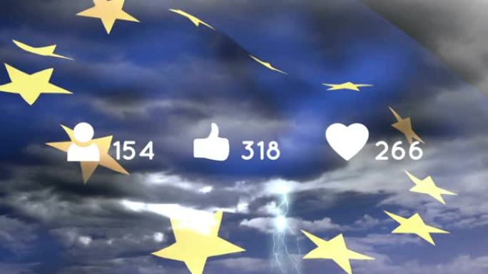 动画的演讲气泡与数字和不同的图标在云和欧盟的旗帜