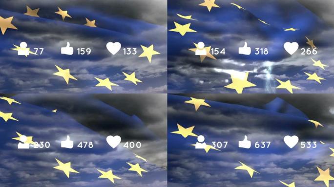 动画的演讲气泡与数字和不同的图标在云和欧盟的旗帜