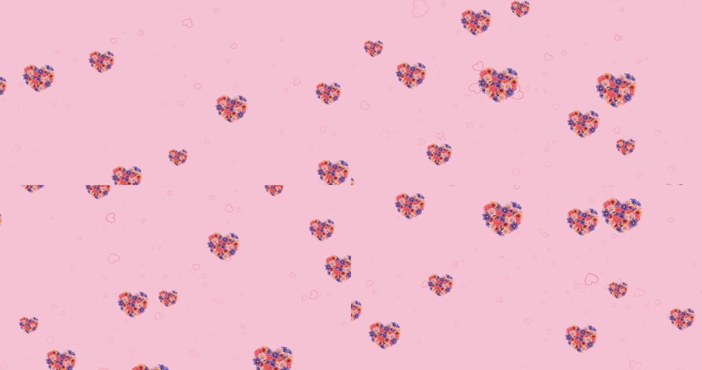 红色心形和花朵图标的动画漂浮在粉红色背景上
