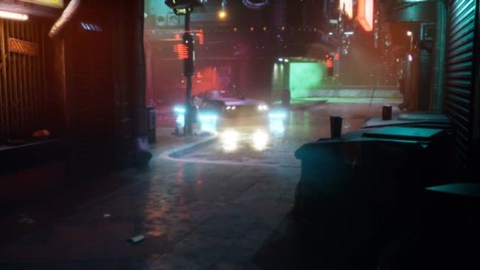 未来控制论霓虹灯城市的雨天傍晚街道。走过未来的城市。该动画非常适合未来，小说，网络和科幻背景。