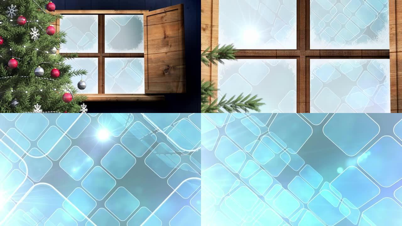 圣诞树和木制窗框，蓝色背景上有多个蓝色方形形状