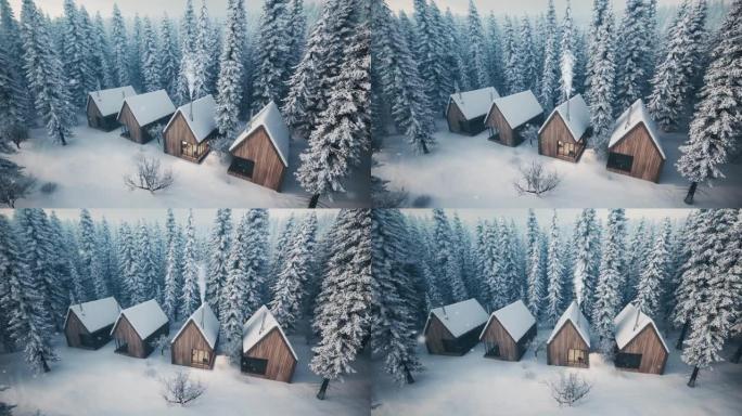 冬季森林中的小屋酒店。两层楼的酒店。三维可视化