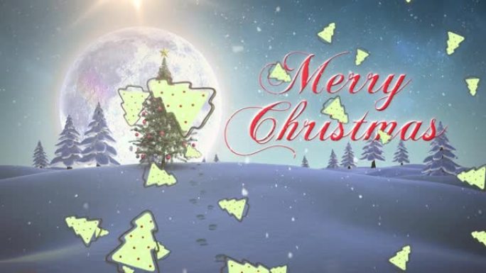 雪和圣诞树掉落在圣诞快乐文字和冬季风景上的动画