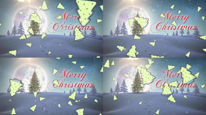 雪和圣诞树掉落在圣诞快乐文字和冬季风景上的动画