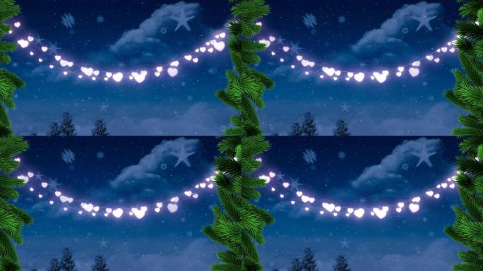 童话灯光动画，枞树装饰，蓝天上飘落的雪