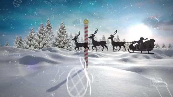 冬季风景下的积雪，雪橇和雨鹿的动画