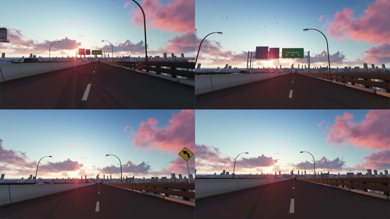 开车去拉斯克鲁塞斯，高速公路的动画场景。拉斯克鲁塞斯高速公路标志