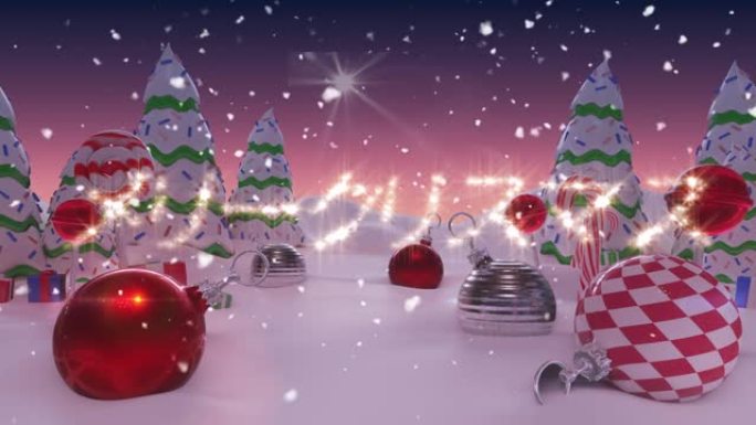 带有雪和圣诞节装饰的圣诞节季节在冬季风景上的问候动画