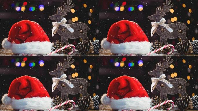 雪花落在圣诞老人的帽子，驯鹿和五颜六色的bokeh上的动画