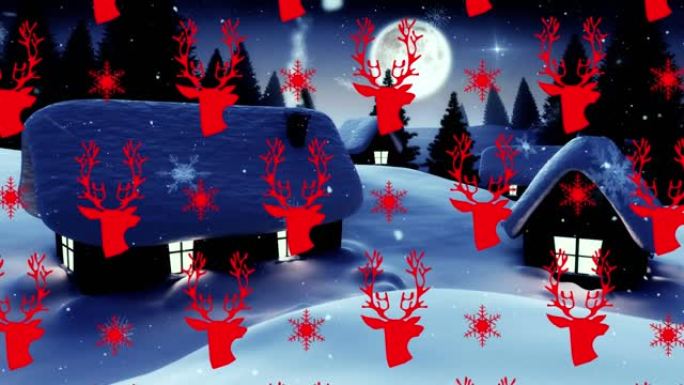 红色驯鹿和雪花图标，无缝图案，抵御冬天飘落的雪