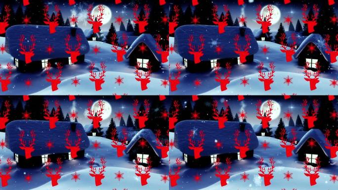 红色驯鹿和雪花图标，无缝图案，抵御冬天飘落的雪