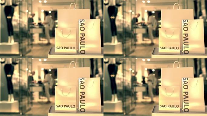 带有圣保罗文字的购物袋。在巴西购物相关的3D动画