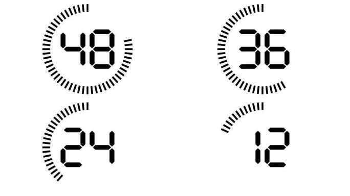 倒计时一分钟动画从60到0秒，数字电子段显示和笔画在圆周上减少，黑白色