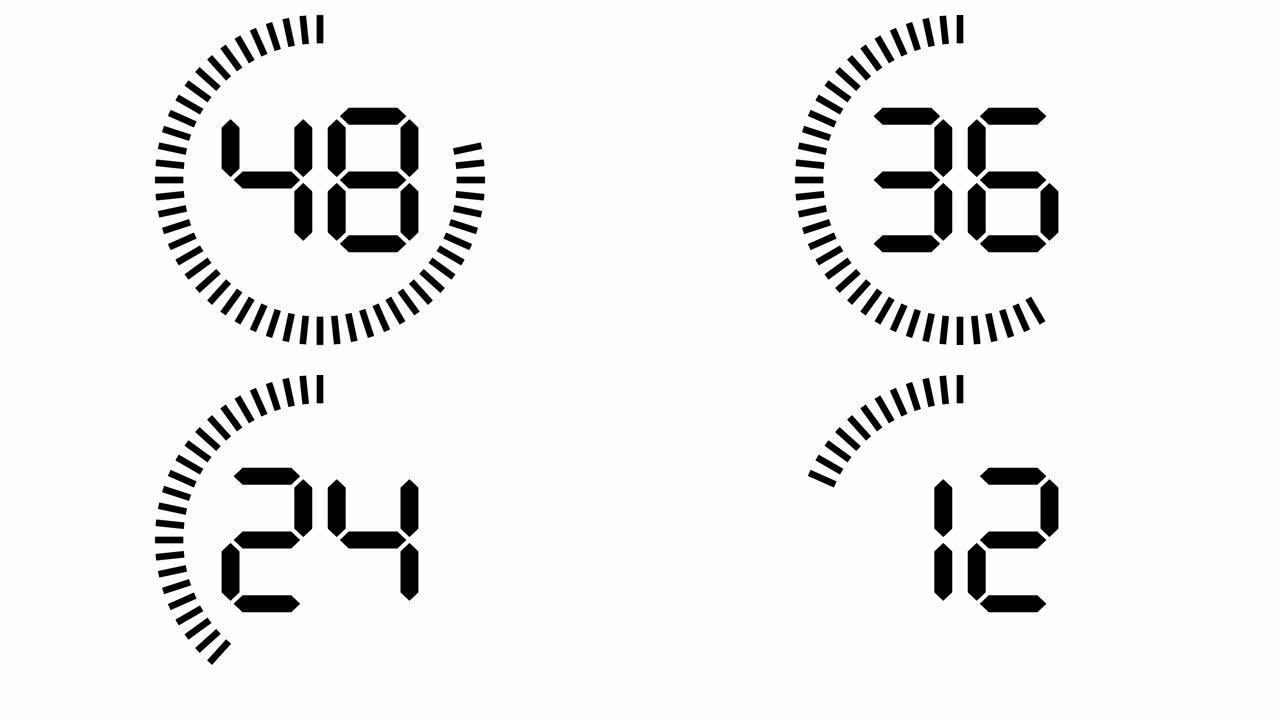 倒计时一分钟动画从60到0秒，数字电子段显示和笔画在圆周上减少，黑白色
