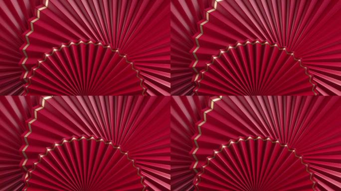 循环3d动画，红色金色装饰艺术装饰，旋转风扇背景，派对节日装饰品