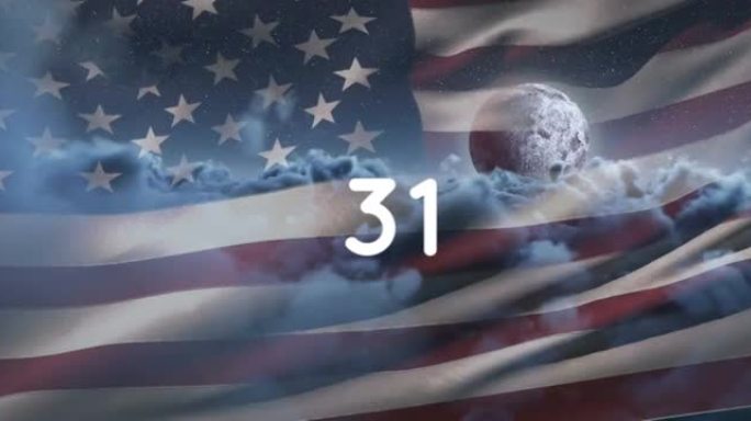 美国云和国旗上的计数器数字动画