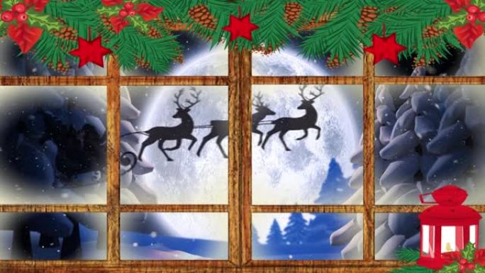 透过窗户看到的圣诞老人在雪橇上与驯鹿的动画